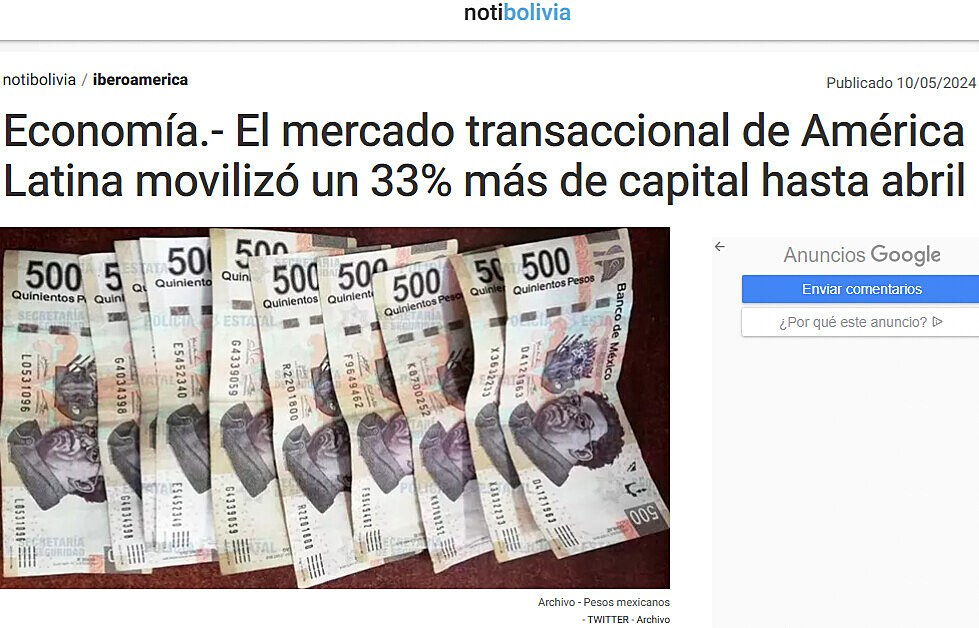 Economa.- El mercado transaccional de Amrica Latina moviliz un 33% ms de capital hasta abril